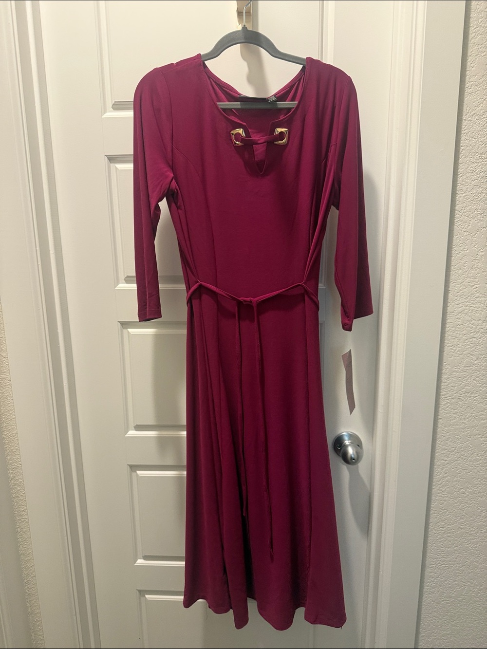 Nina Leonard Long Sleeve Midi Dress in Magenta with Grommet Detail